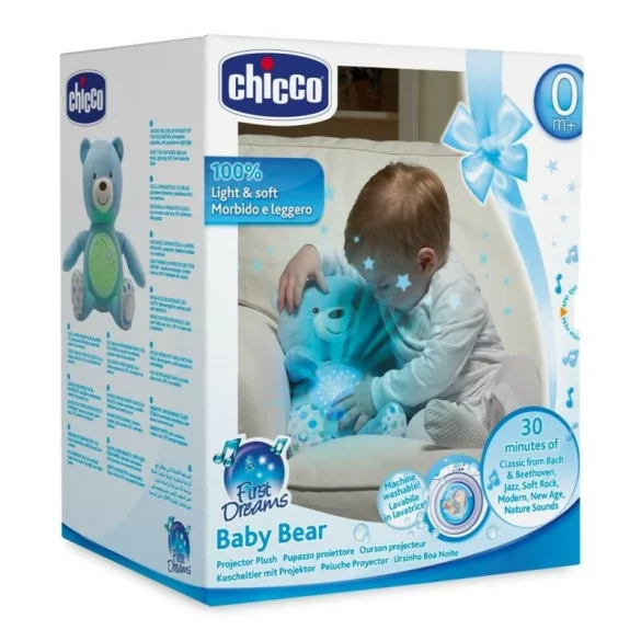 Chicco Baby Bear plyšový medvedík s projektorom a nočnou lampičkou – modrý