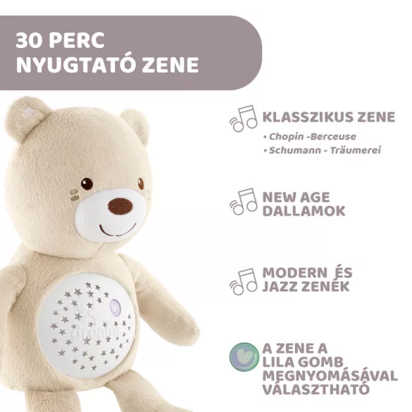 Chicco Baby Bear plyšový medvedík s projektorom a nočnou lampičkou – neutrálna farba