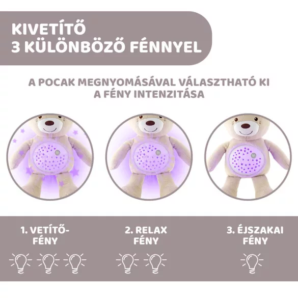 Chicco Baby Bear plyšový medvedík s projektorom a nočnou lampičkou – neutrálna farba