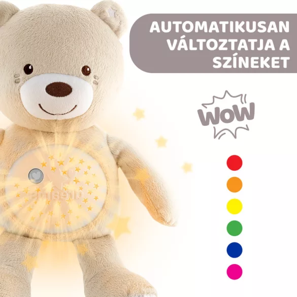 Chicco Baby Bear plyšový medvedík s projektorom a nočnou lampičkou – neutrálna farba