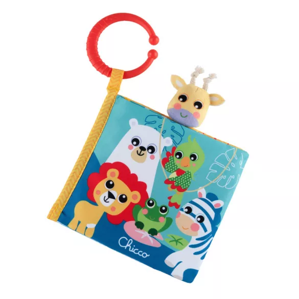 Chicco Animals' Book – textilná knižka so zvieratkami a bábkovým hracím setom s hrkálkami