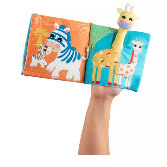 Chicco Animals' Book – textilná knižka so zvieratkami a bábkovým hracím setom s hrkálkami