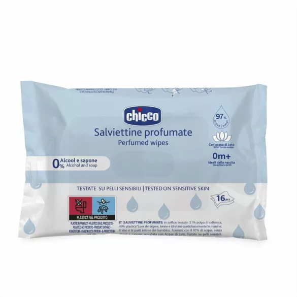 Chicco Parfémované vlhčené utierky s lotosovou vodou, 16 ks, pre citlivú pokožku, 97 % vody