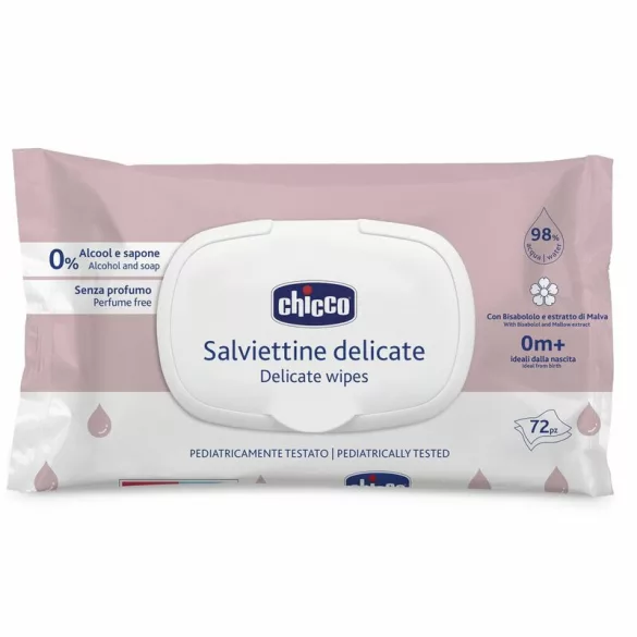 Chicco Delikátne vlhčené utierky bez vône, 72 ks, pre citlivú pokožku, 98 % vody