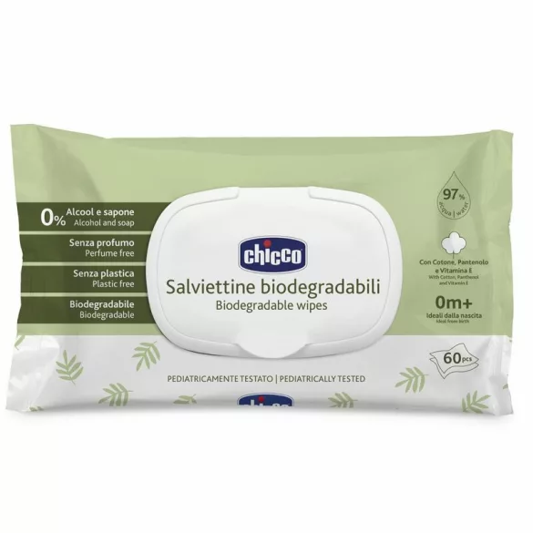 Chicco Biologicky rozložiteľné vlhčené utierky 60 ks bez vône bez plastu