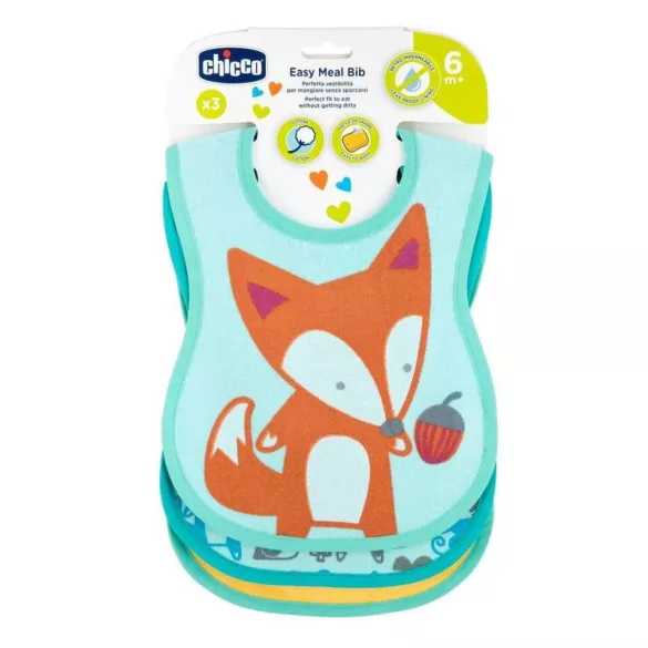 Chicco Easy Meal Bib – froté podbradník s nepremokavým chrbtom, 3 ks, neutrálna farba