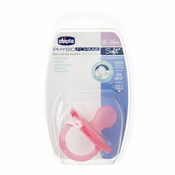 Chicco Physio Forma® Soft 16–36 mesiacov, celosilikónový cumlík, 1 ks, úplná mäkkosť – ružová