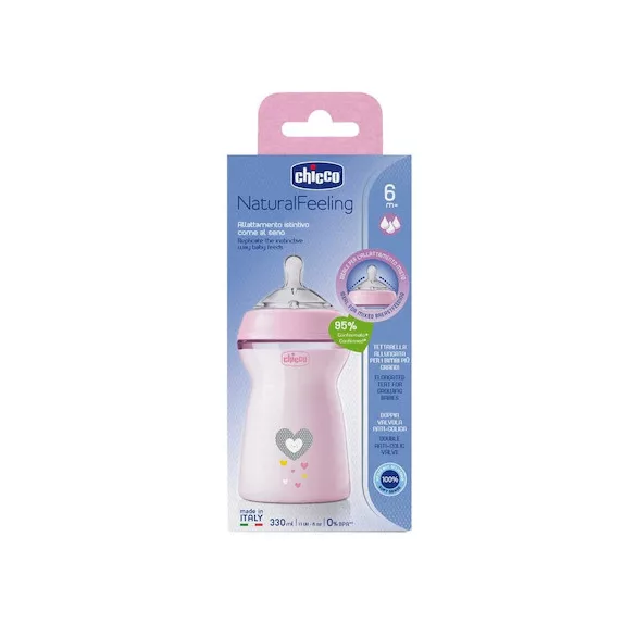 Chicco NaturalFeeling vzorovaná plastová fľaša, 330 ml, ružová