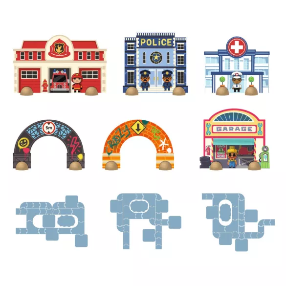 Djeco CRAZY MOTORS Diaľničné a mestské cestné siete so stavebnými prvkami, 33 dielov – Puzzl'Up City-Giant