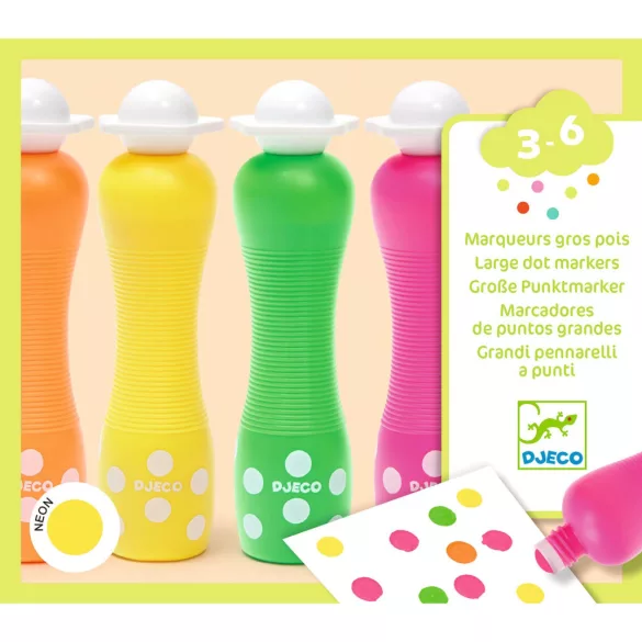 Sada fixiek Djeco Marok v 4 fluorescenčných farbách – maľovanie bodkami – veľké bodkové fixky