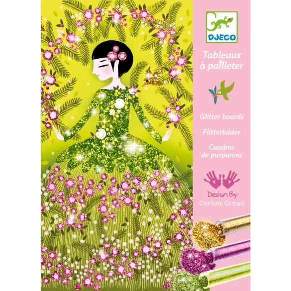 Djeco Sada na výrobu trblietavých obrázkov – Trblietavé šaty – Glitter dresses