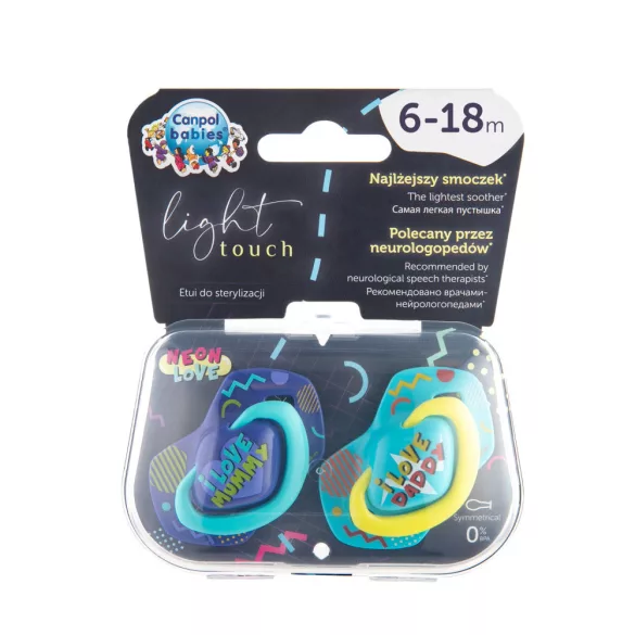 Canpol babies Sada symetrických silikónových cumlíkov, Light touch, 6–18 mesiacov, NEON LOVE, 2 ks