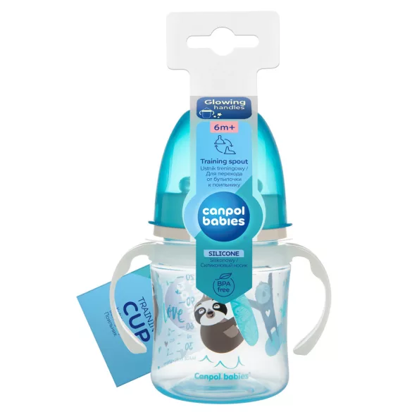 Canpol babies Silikónový detský pohárik s náustkom, so svietiacou rukoväťou, EXOTIC ANIMALS, 120 ml, modrý