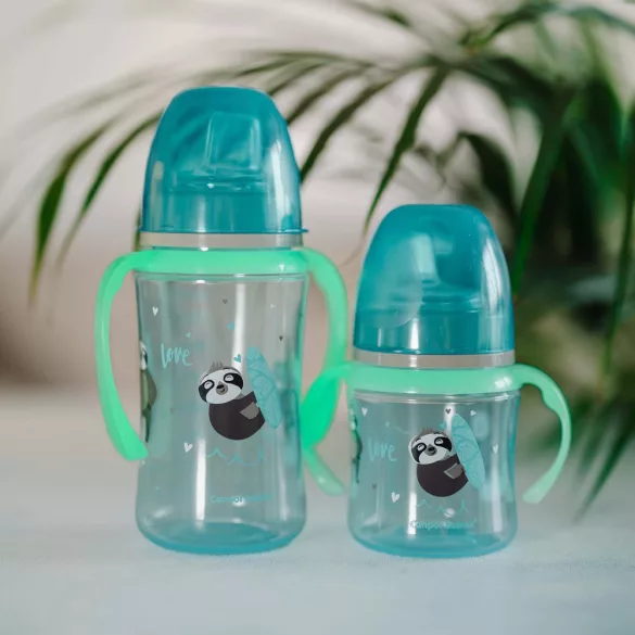 Canpol babies Silikónový pohárik s náustkom, so svietiacou rukoväťou, EXOTIC ANIMALS, 240 ml, modrý