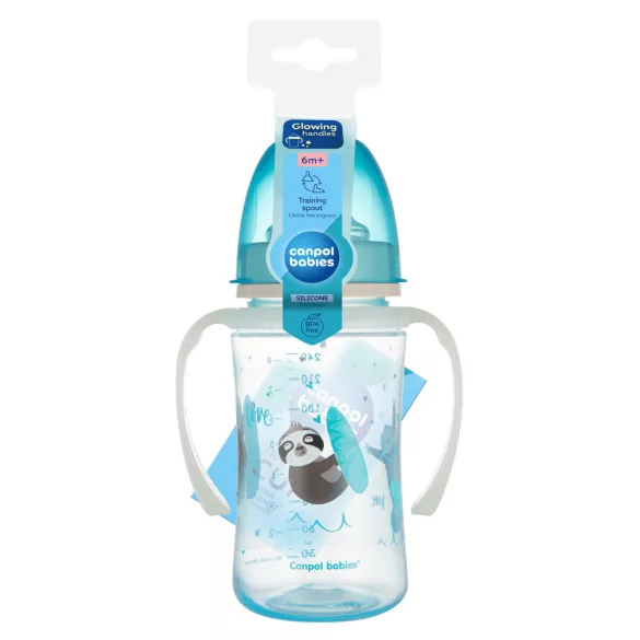 Canpol babies Silikónový pohárik s náustkom, so svietiacou rukoväťou, EXOTIC ANIMALS, 240 ml, modrý