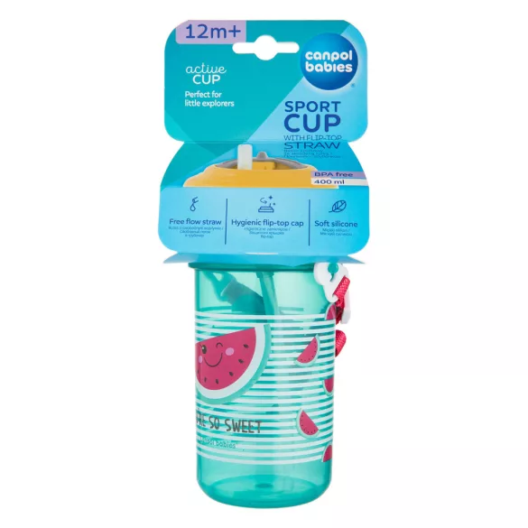 Canpol babies Športový pohárik, flip-top, so silikónovou slamkou, 400 ml, SO COOL, ružový