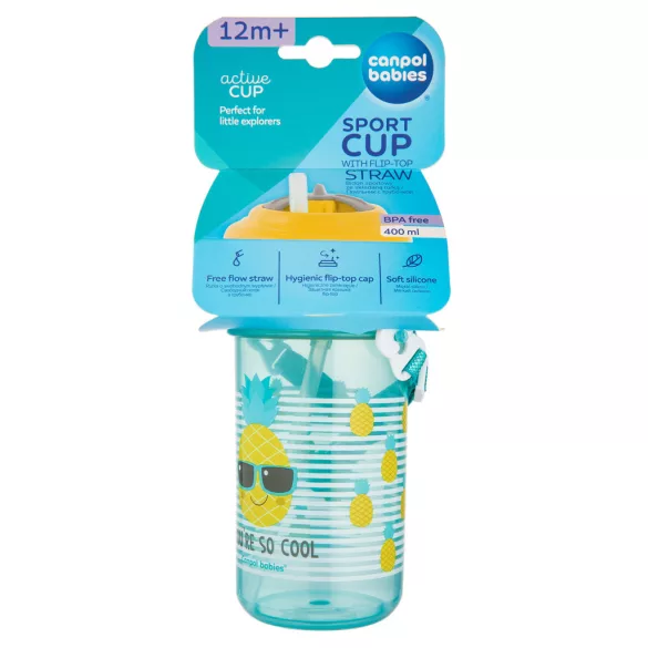 Canpol babies Športový pohárik, flip-top, so silikónovou slamkou, 400 ml, SO COOL, žltý