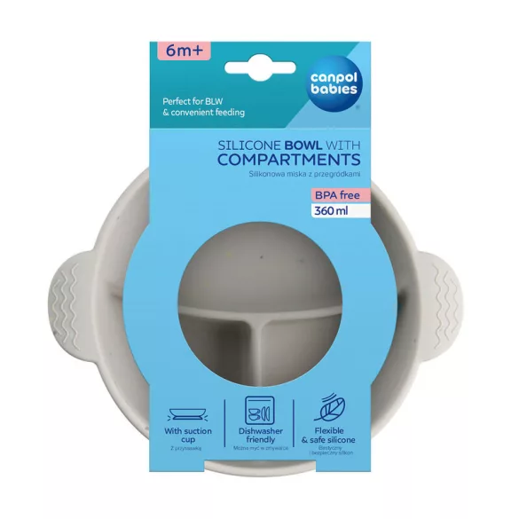 Canpol babies Silikónová miska s priehradkami, s prísavkou, 360 ml, DOTS – sivá