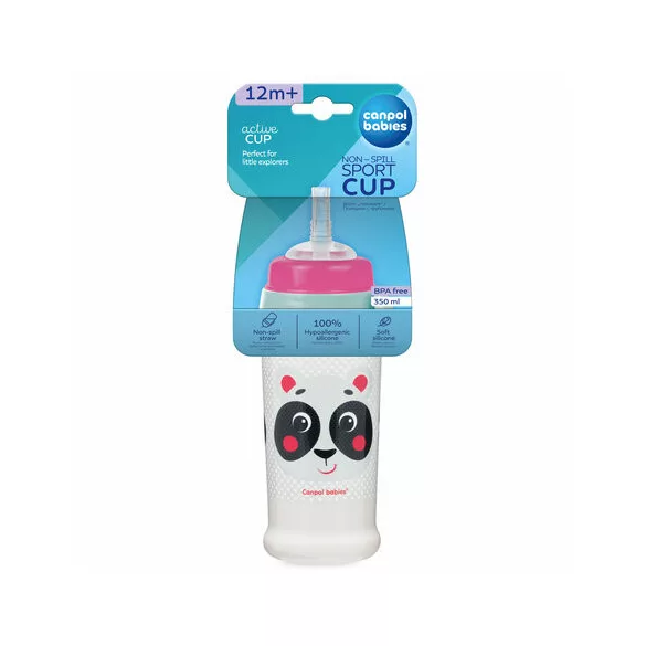 Canpol babies Športový pohárik bez kvapiek, so silikónovou slamkou, 350 ml, HELLO LITTLE - červený