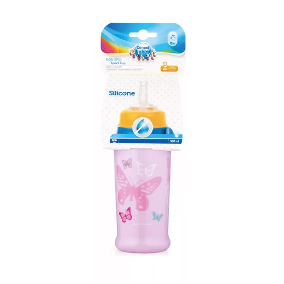 Canpol babies Neškvrniaci pohárik so silikónovou slamkou, 350 ml, BUTTERFLY – ružový