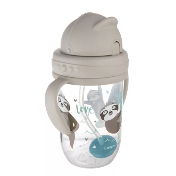Canpol babies Ťažký pohárik s brčkom proti kvapkaniu, 270 ml, od 6 mesiacov, EXOTIC ANIMALS – sivý