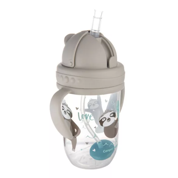 Canpol babies Ťažký pohárik s brčkom proti kvapkaniu, 270 ml, od 6 mesiacov, EXOTIC ANIMALS – sivý