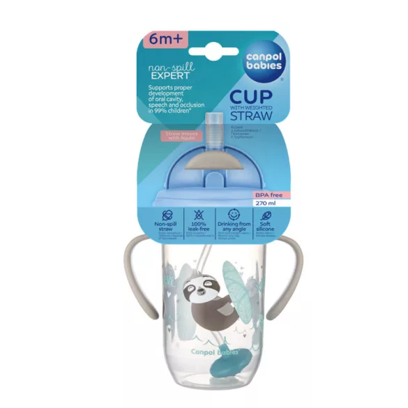 Canpol babies Ťažký pohárik s brčkom proti kvapkaniu, 270 ml, od 6 mesiacov, EXOTIC ANIMALS – sivý