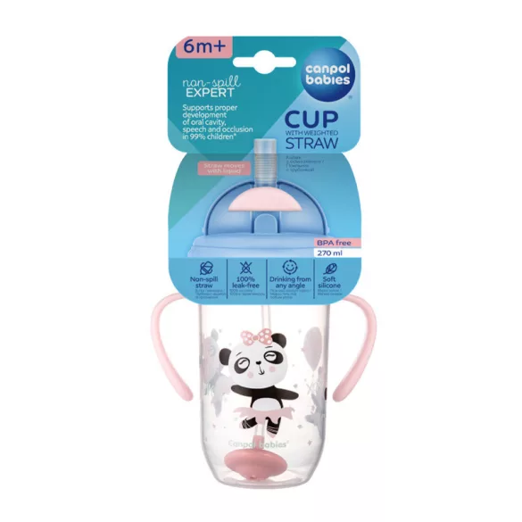 Canpol babies Ťažký pohárik s brčkom proti rozliatiu, 270 ml, od 6 mesiacov, EXOTIC ANIMALS – ružový