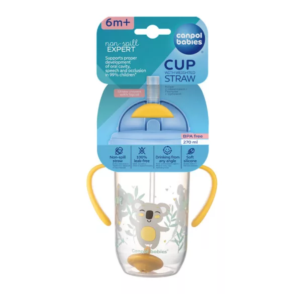 Canpol babies Pohár s váženou slamkou proti kvapkaniu, 270 ml, od 6 mesiacov, EXOTIC ANIMALS – žltý