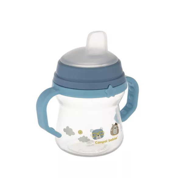 Canpol babies Pohárik so silikónovým náustkom, FirstCup, 150 ml, Bonjour Paris – modrý