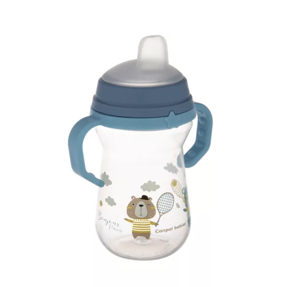 Canpol babies Pohárik so silikónovým náustkom, FirstCup, 250 ml, Bonjour Paris - modrý
