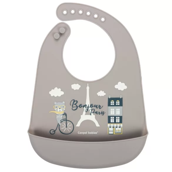 Canpol babies Silikónová zásterka s vreckom, BONJOUR PARIS - námornícka modrá a béžová