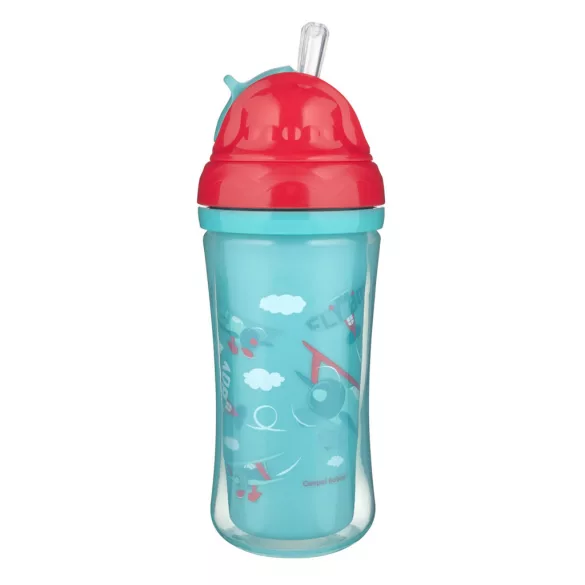 Canpol babies Športový pohárik so silikónovým viečkom a slamkou, 260 ml, lietadlá