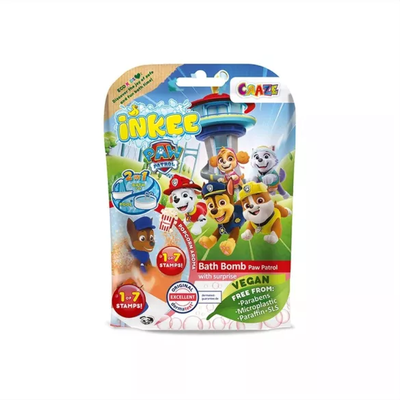 Craze Inkee vegánske kúpeľové guľôčky v balení s figúrkou z kresleného seriálu Paw Patrol, s príchuťou popcornu
