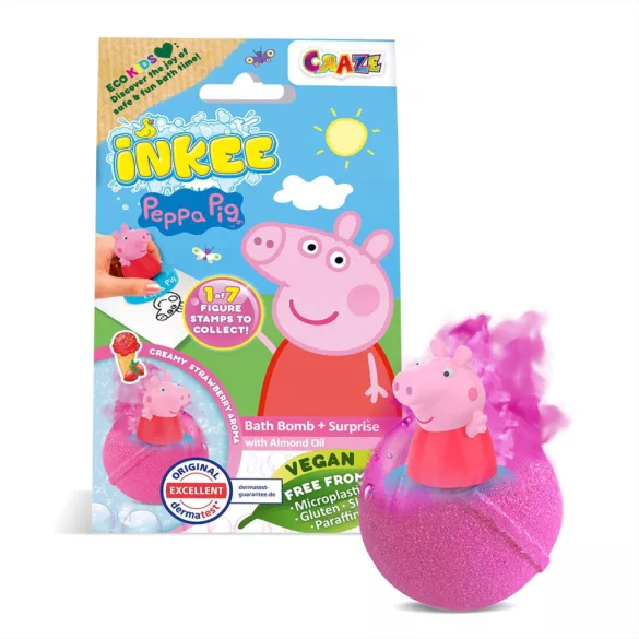 Craze Inkee vegánska kúpeľová guľa v balení s príchuťou jahodovej zmrzliny – s figúrkou Peppa Pig