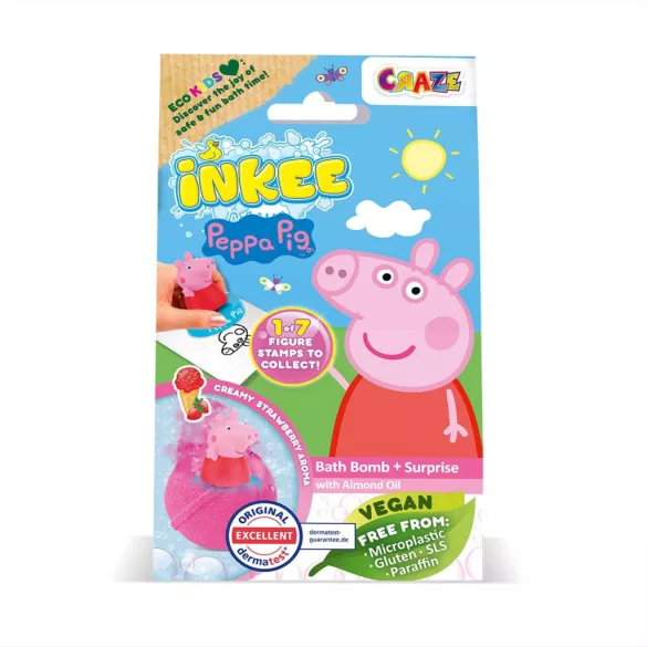 Craze Inkee vegánska kúpeľová guľa v balení s príchuťou jahodovej zmrzliny – s figúrkou Peppa Pig