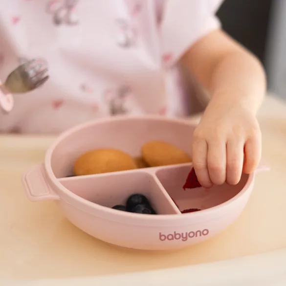 Detský tanier BabyOno – s protišmykovým dnom, s viečkom, 3 priehradky, ružový 1661/02