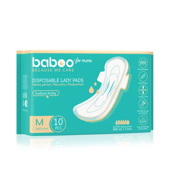 Baboo jednorazové popôrodné vložky, 10 ks, M, 340 mm