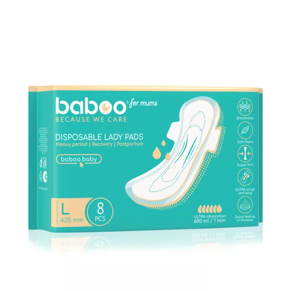 Jednorazové popôrodné vložky Baboo, 8 ks, L, 425 mm